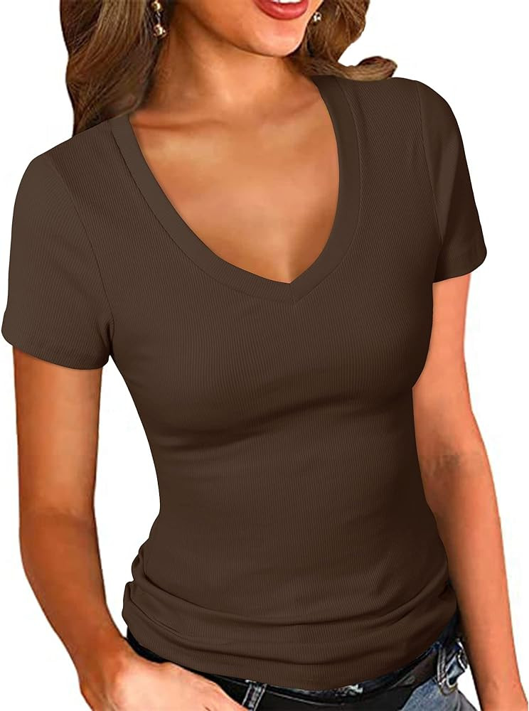 PALINDA Women's Short Sleeves Ribbed Fitted Shirt Basic V Neck Slim T Shirt Tops | Amazon (US)