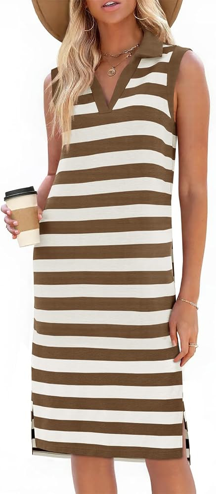 Wenrine Women's Striped Summer Dress Casual Polo V Neck Sleeveless Slit Loose Fit T Shirt Midi Dr... | Amazon (US)