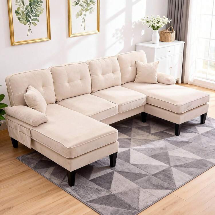 U-Shaped Modular Sofa, Living Room Multi-Seater Sofa With Two Recliners, Soft And Delicate Linen ... | SHEIN