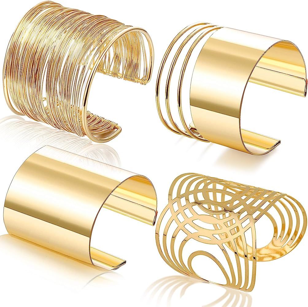 RIOSO 4 Pcs Cuff Bangle Bracelet for Women Open Wide Wire Bracelets Gold Wrist Cuff Wrap Bracelet | Amazon (US)