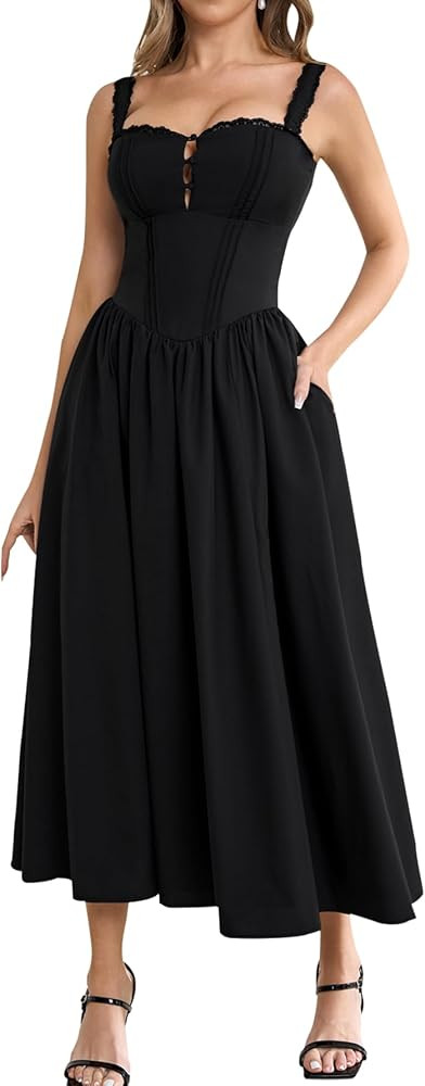 KUTUMAI Women Summer Corset Midi Dress Floral Lace Smocked Flowy A Line Wedding Guest Bridal Show... | Amazon (US)