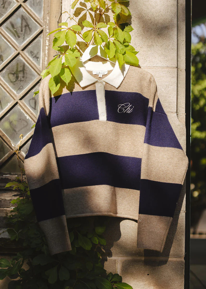 Chi Script Rugby Sweater - Tan &amp; Navy | Alice & Wonder