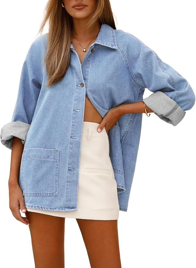 Astylish Women's Denim Shirt Long Sleeve Button Down Jean Shacket Top | with Pockets | Amazon (US)