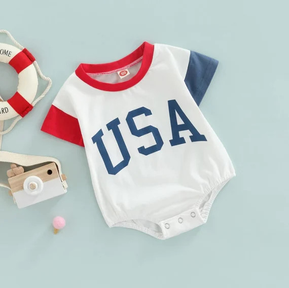 Baby USA Romper, Baby 4th of July Outfit, Short Sleeve Romper, USA Onesie, Patriotic Baby Clothes... | Etsy (US)