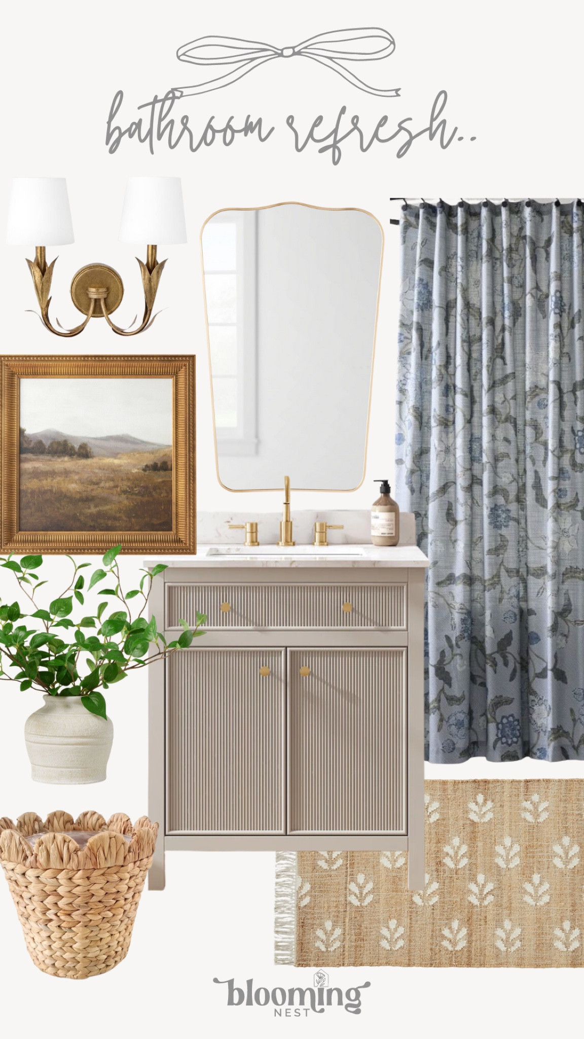 Bathroom refresh design! 

Shower curtain vanity art sconce plant rug mirror trash can #thebloomingnest 

#LTKSeasonal #LTKxTarget #LTKhome