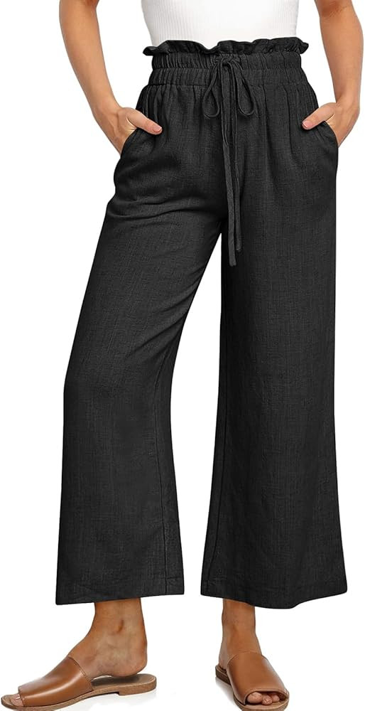UEU Womens Linen Pants Summer Wide Leg Casual Loose High Waist Drawstring Palazzo Capri with Pock... | Amazon (US)