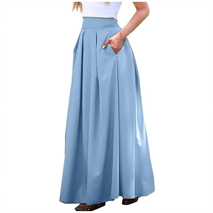 Vintage high-waisted elastic pleated midi skirt with pockets, flared, elegant, loose fit, for bus... | Amazon (US)