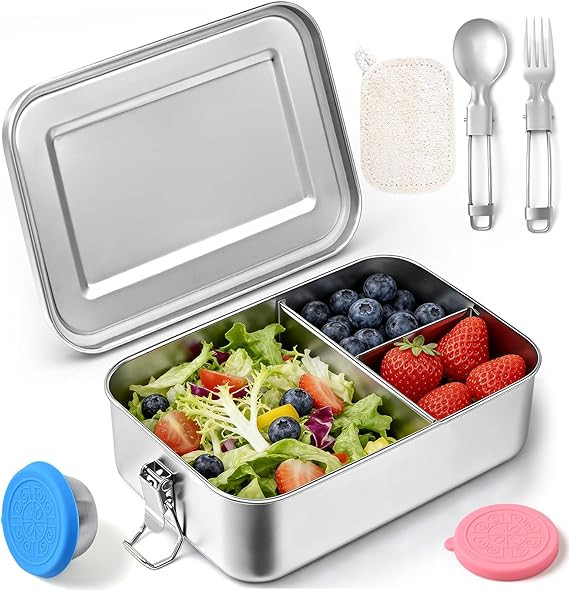 Qtencas Stainless Steel Lunch Bento Box, 27oz / 0.85L 3-Compartment Metal Bento Box for Kids with... | Amazon (US)