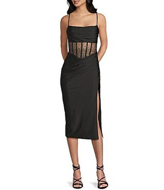 B. Darlin Spaghetti Strap Illusion Bodice Side Slit Midi Dress - 0 | Dillard's