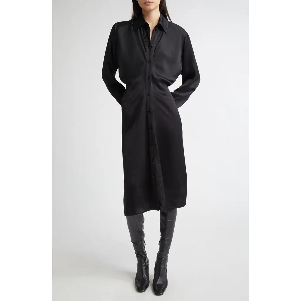 TOTEME Slouch Long Sleeve Crepe Satin Midi Shirtdress in Black at Nordstrom, Size 6 Us | Nordstrom