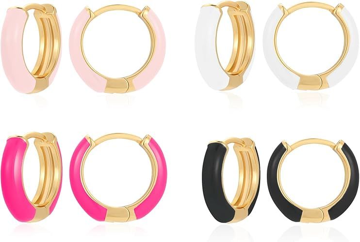 Small Hoop Enamel Earrings for Women, 18K Gold Plated Colorful Hypoallergenic Cute Cubic Zirconia... | Amazon (US)