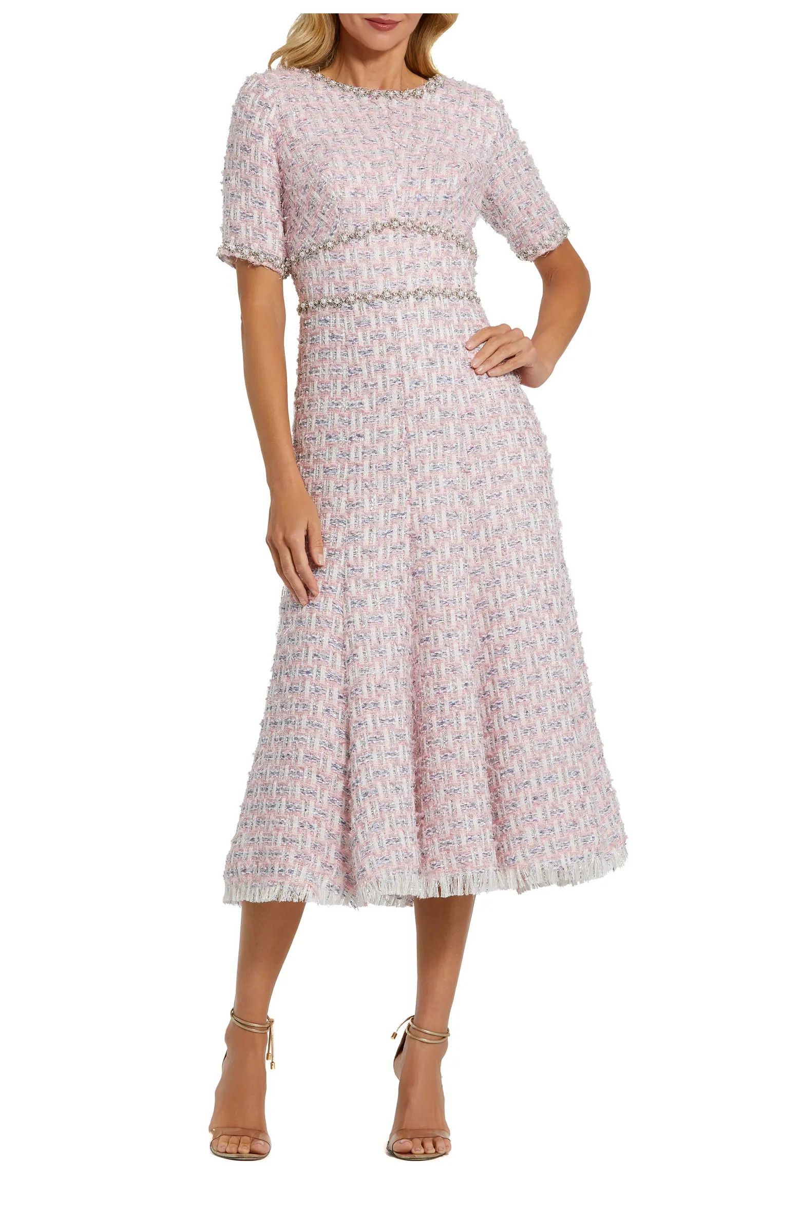 Short Sleeve Beaded Trim Boucle Midi Dress | Nordstrom