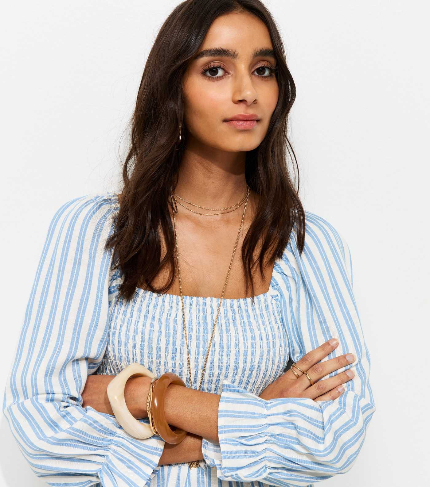 Blue Striped Shirred Puff Sleeve Midi Dress | New Look | New Look (UK)