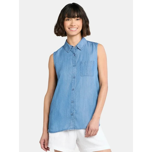 Time and Tru Women's Sleeveless Button Down Shirt, Sizes XS-XXXL - Walmart.com | Walmart (US)