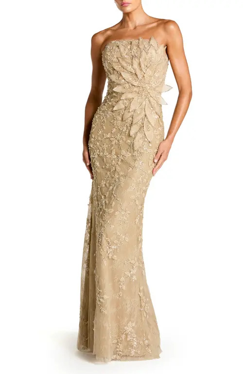Mac Duggal Beaded Strapless Mermaid Gown With 3D Flowers in Gold at Nordstrom, Size 10 | Nordstrom