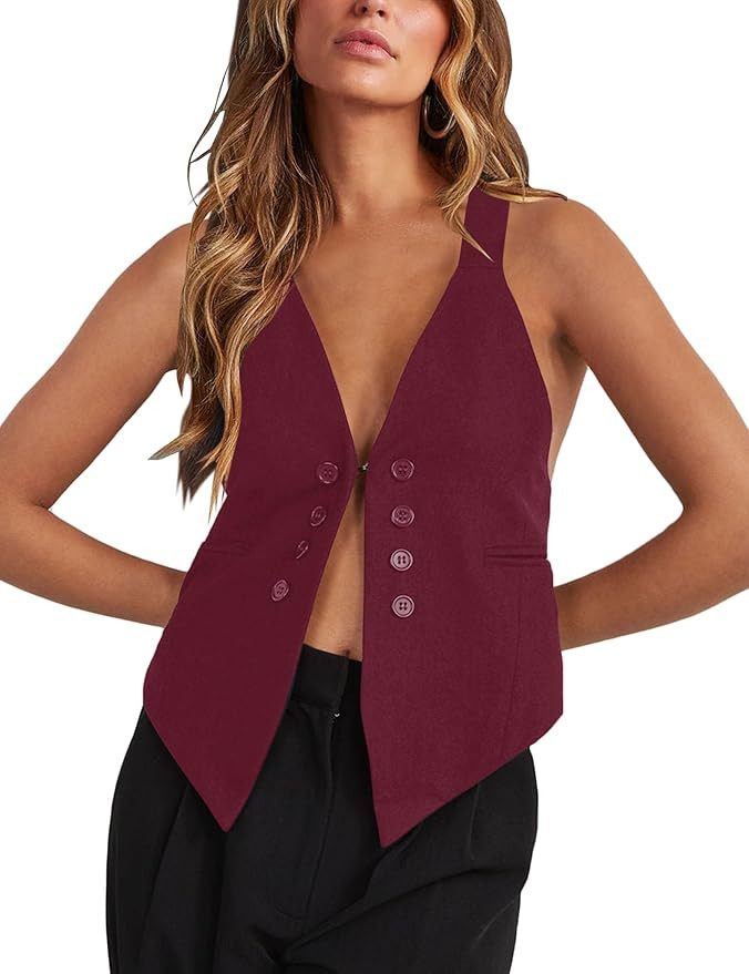 Floral Find Women's Casual Versatile Button Up Sleeveless Vest Sexy V Neck Jacket Waistcoat | Amazon (US)