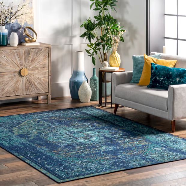 Blue Printed Persian Overdyed Vintage 5' Round Area Rug | Rugs USA