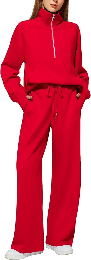 Women's 2 Piece Outfits Lounge Set 2025 Oversized Half Zip Sweatshirt Wide Leg Sweatpant Set Swea... | Amazon (US)