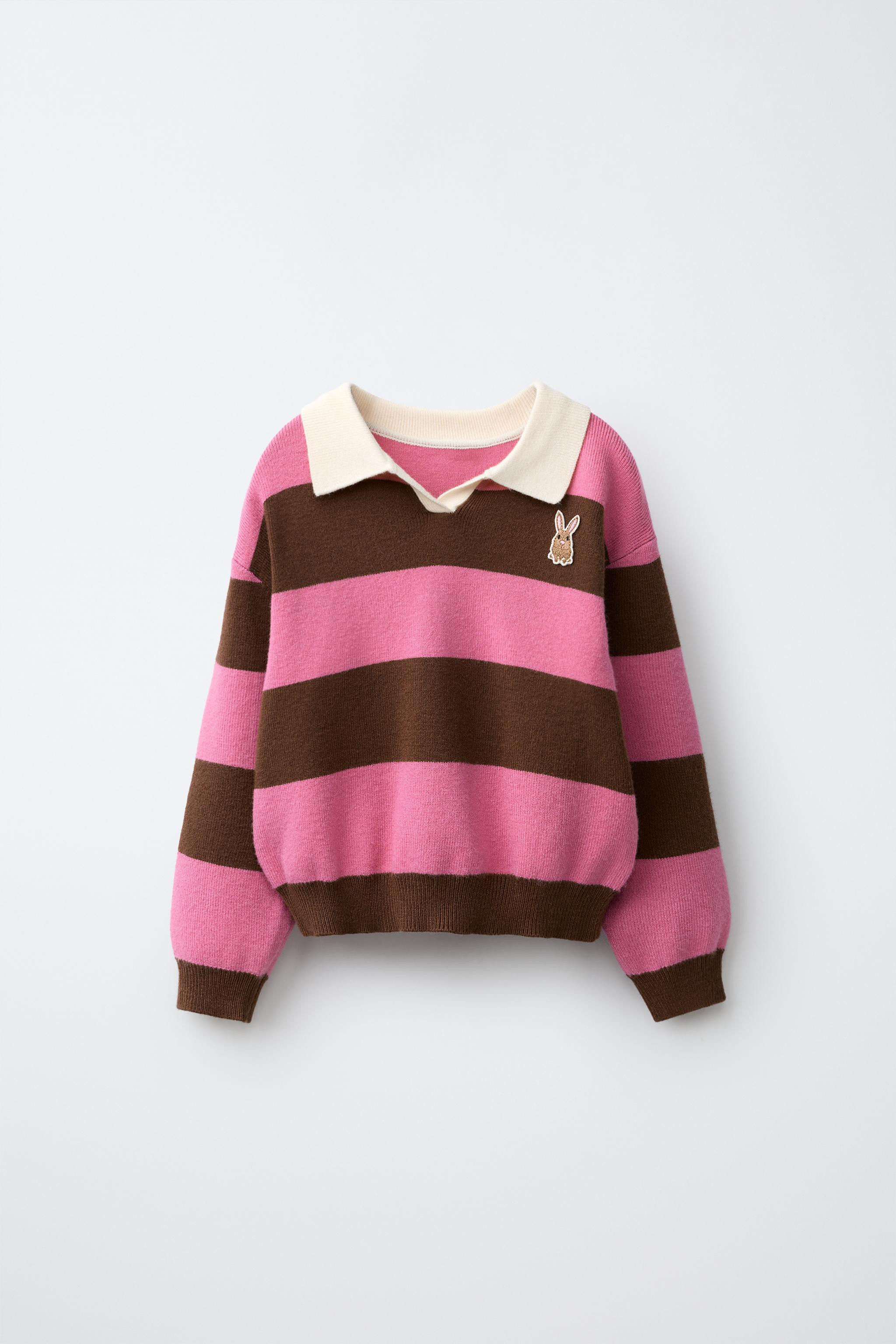 Knit polo shirt with a polo collar and long sleeves. Featuring striped print and rabbit embroider... | Zara US