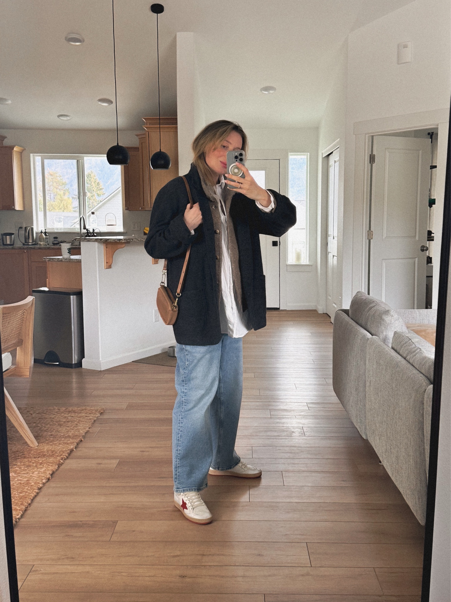 OOTD: H&M maternity jeans + Polo Ralph Lauren oversized cotton shirt + Eileen Fisher cardigan (older model, couldn’t find it anywhere similar styles linked) + Buck Mason felted wool blazer (my hubby’s but Buck Mason has women’s version of the same blazer + I linked similar styles by Madewell and Nordstrom) + Golden Goose ball star sneaker (if you love distressed sneakers & vintage style sneakers definitely take a look at Autry super vintage and Reebok, both options linked) + Madewell carabiner bag.  So warm and cozy! 
💭💭💭

#LTKSeasonal #LTKxMadewell #LTKFindsUnder100