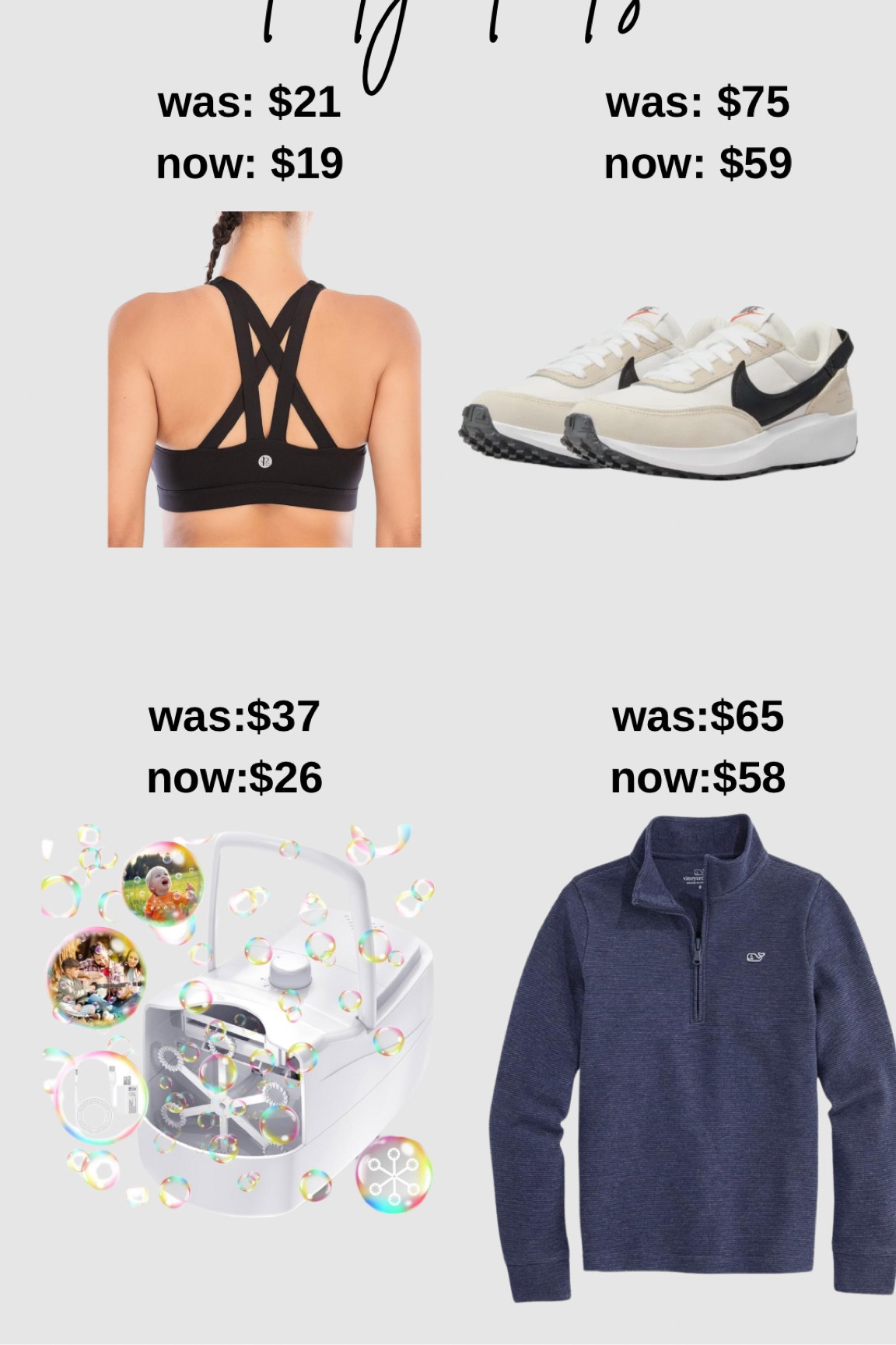 Sports bra tts
Nike tts
Bubble machine
Boys vinyard vines quarter zip
