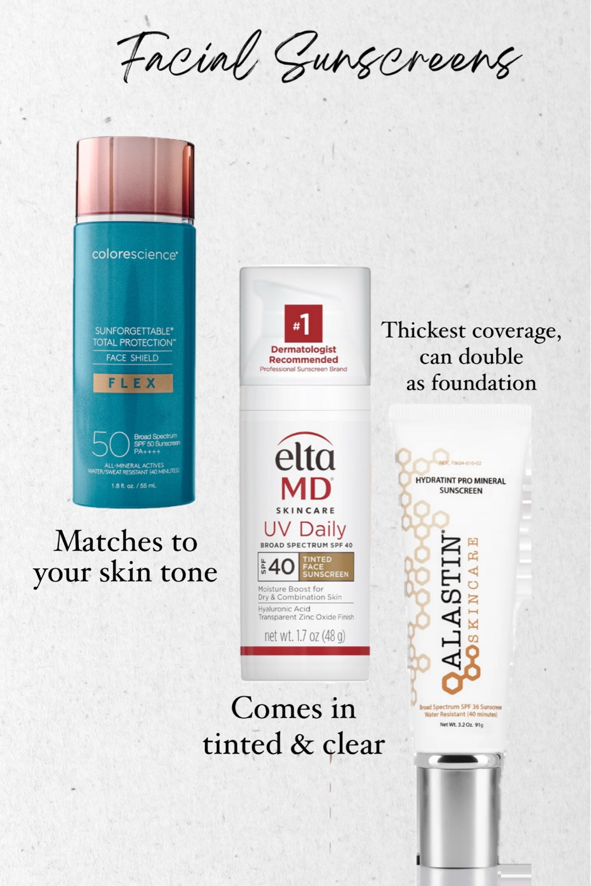 Medical grade sunscreen, light weight, won’t clog pores and can replace your foundation. 

I switch between all three, with Alastin and Colorscience being my favorites  

#LTKover40 #LTKbeauty

#LTKActive #LTKFindsUnder50 #LTKBeauty