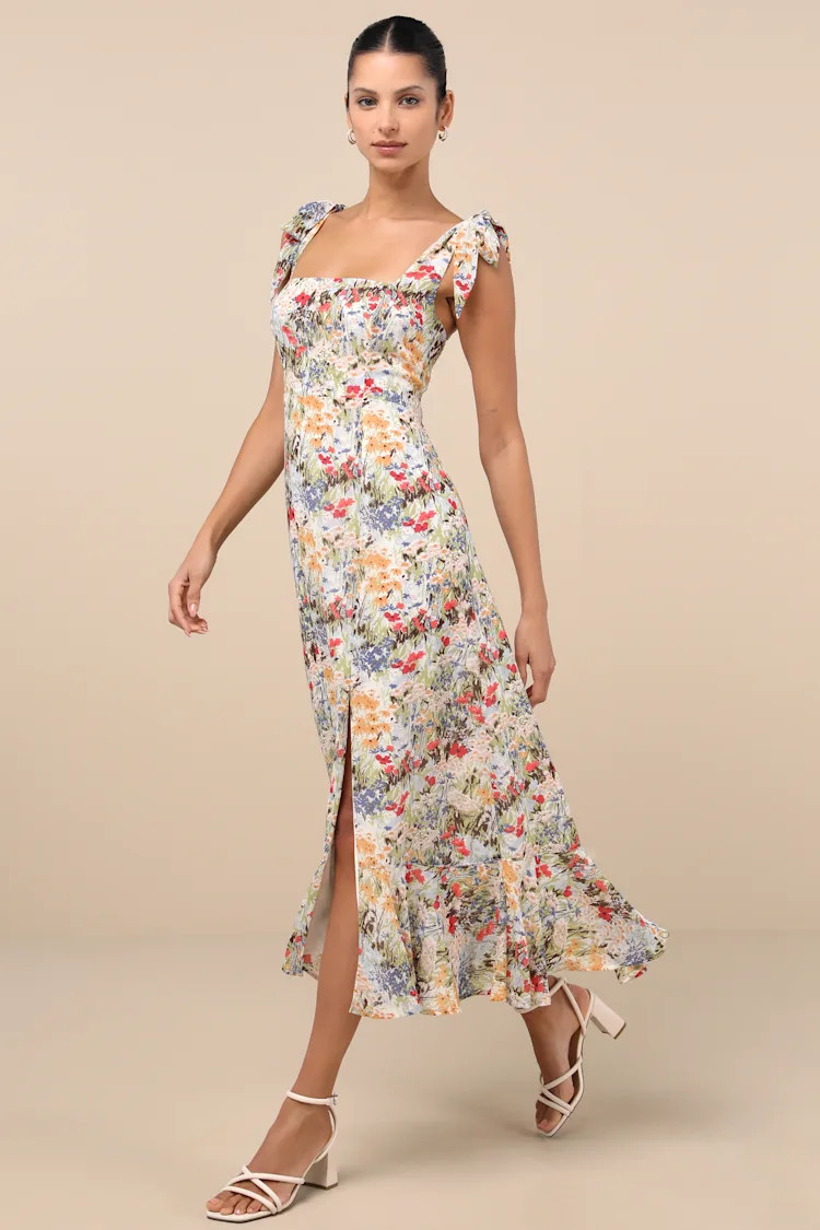 Summer Invite White Multi Floral Tie-Strap Tiered Midi Dress | Lulus
