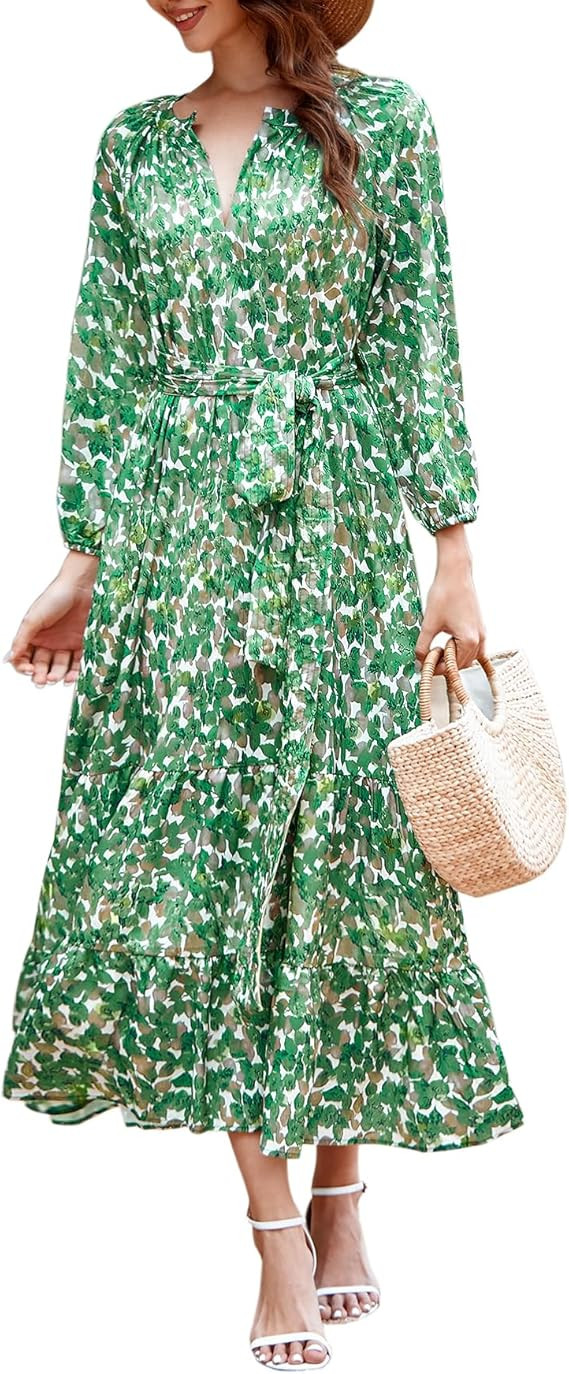 Women's Ruffle Maxi Dress Puff Sleeve Flowy Tiered Long Dress with Belt Elegant Party Dress | Amazon (US)