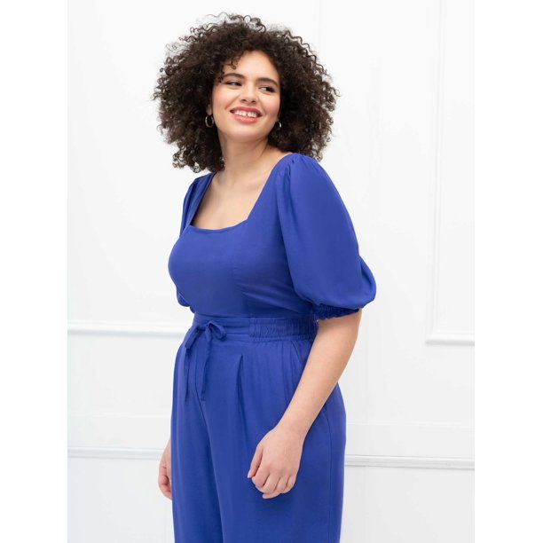 ELOQUII Elements Women's Plus Size Square Neck Puff Sleeve Crop Top | Walmart (US)