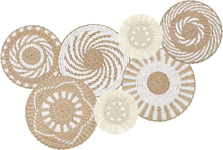 7 Pcs Boho Hanging Woven Wall Basket Set Large Handcrafted Round Bulrush Baskets for Boho Farmhou... | Amazon (US)