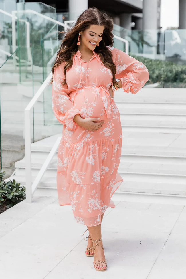 In The Sunshine Coral Floral Notched Neck Midi Dress - Natalie Kennedy X Pink Lily | Pink Lily