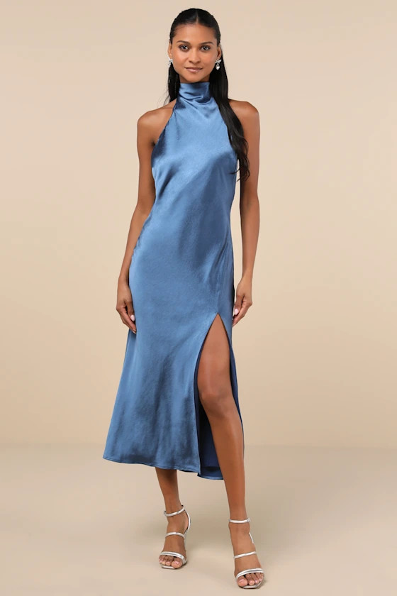 Exceptional Status Blue Halter Backless Slip Midi Dress | Lulus