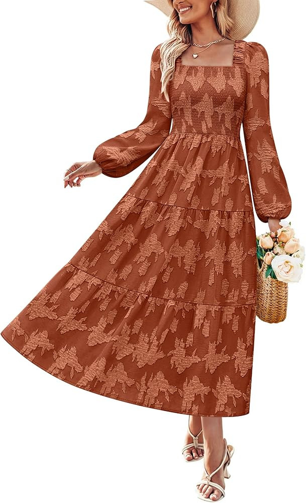 ZESICA Women's 2026 Spring Floral Midi Dress Long Sleeve Smocked Flowy Long Wedding Guest Vacatio... | Amazon (US)