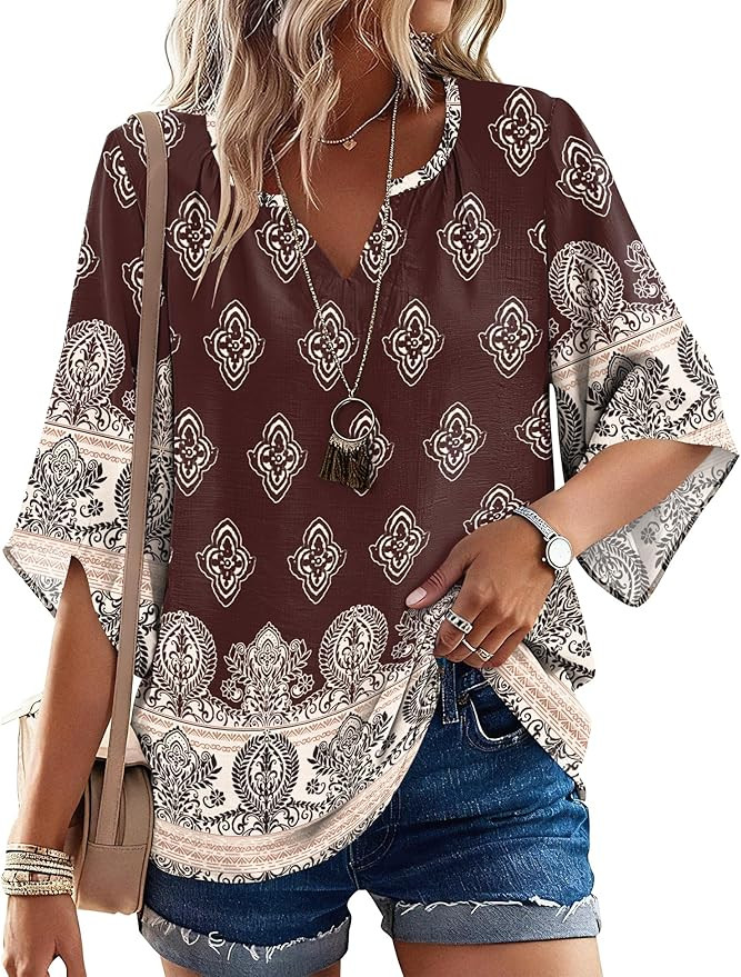 LOMON Women's 3/4 Length Sleeve Boho Tops V Neck Casual Vacation Clothes Loose Fit Tunic Shirts S... | Amazon (US)