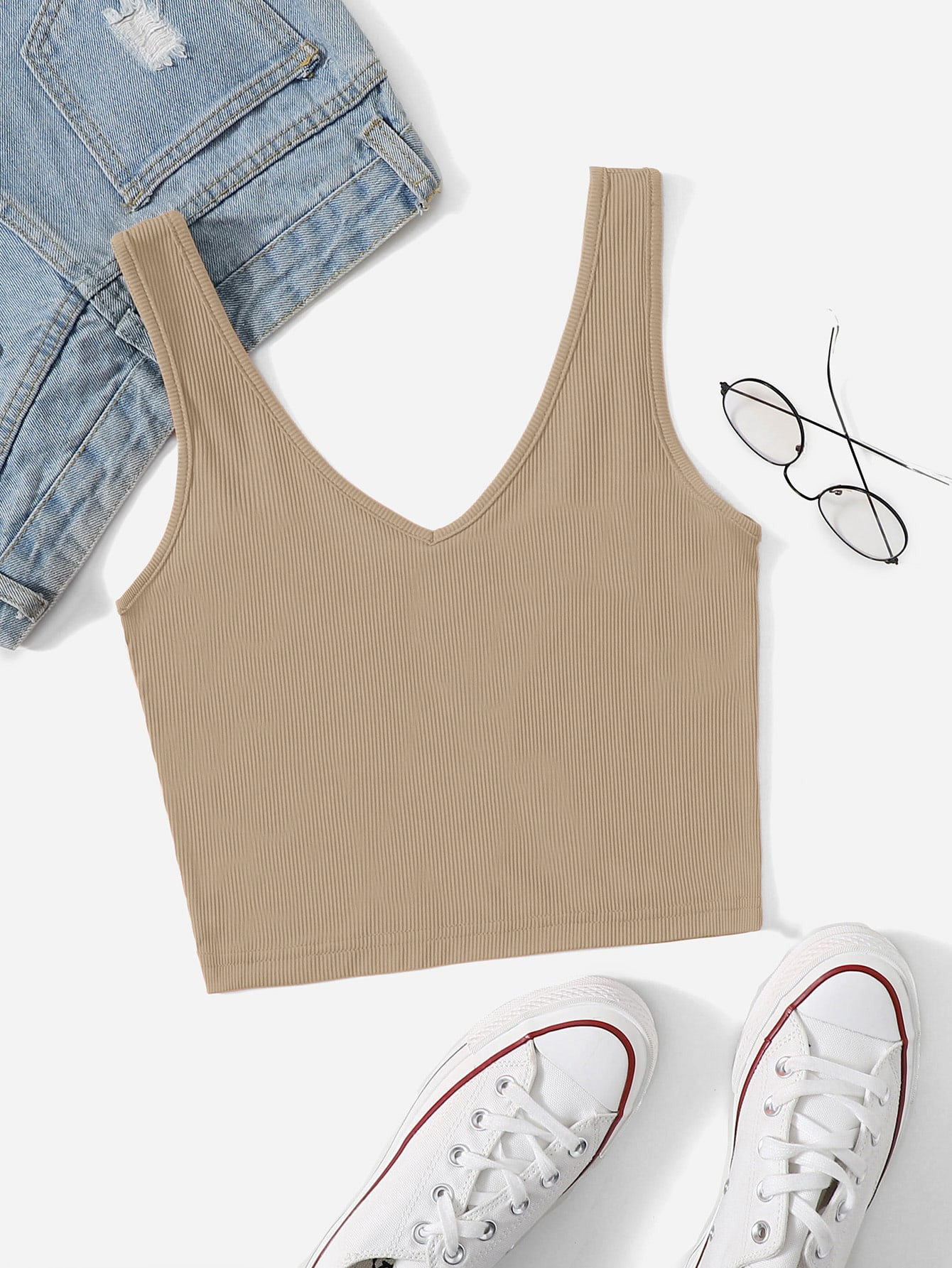 SHEIN Essnce V Neck Rib-Knit Crop Tank Top, Suitable For Summer | SHEIN