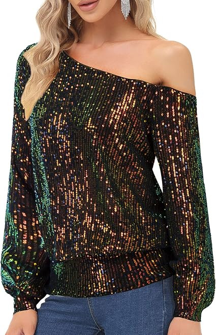 KANCY KOLE Sequin One Shoulder Sparkly Long Sleeve Tops for Holiday Evening Party Club Night | Amazon (US)