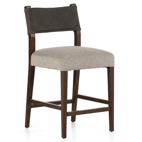 Ely Rustic Off White Performance Leather Back Brown Wood Counter Stool | Kathy Kuo Home