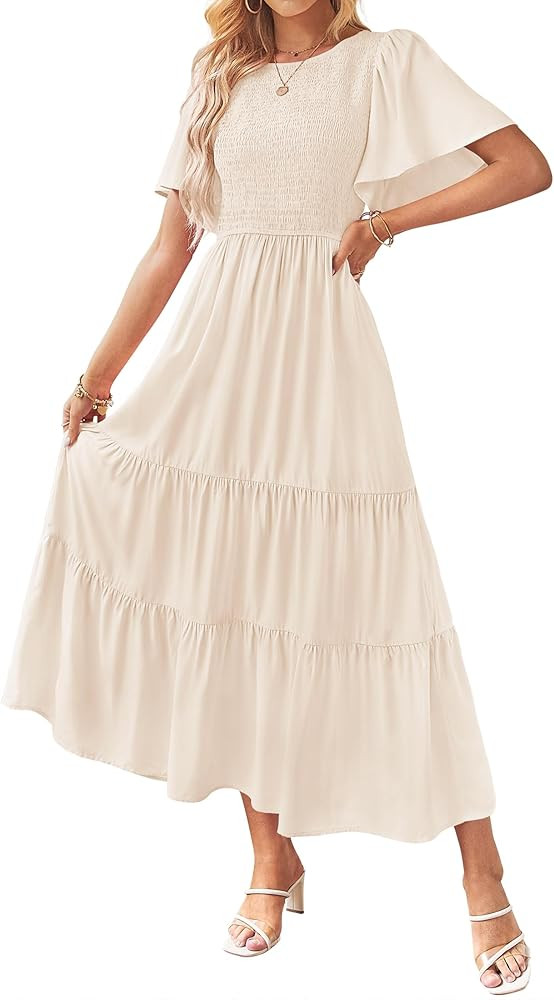 ZESICA Women's Summer Casual Flutter Short Sleeve Crew Neck Solid Color Smocked Tiered A Line Flo... | Amazon (US)