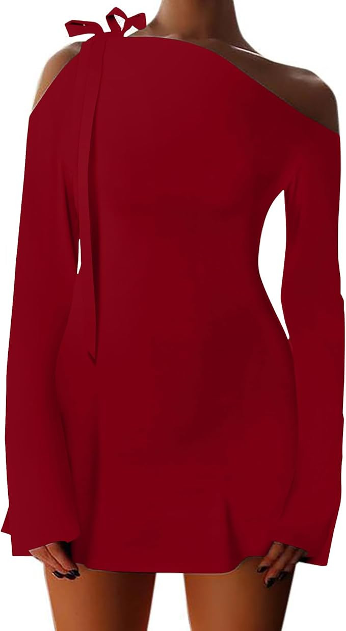 HYPERFIRE Women's Shoulder Tie Long Sleeve Asymmetrical Dress Boat Neck Cocktail Mini Dresses | Amazon (US)