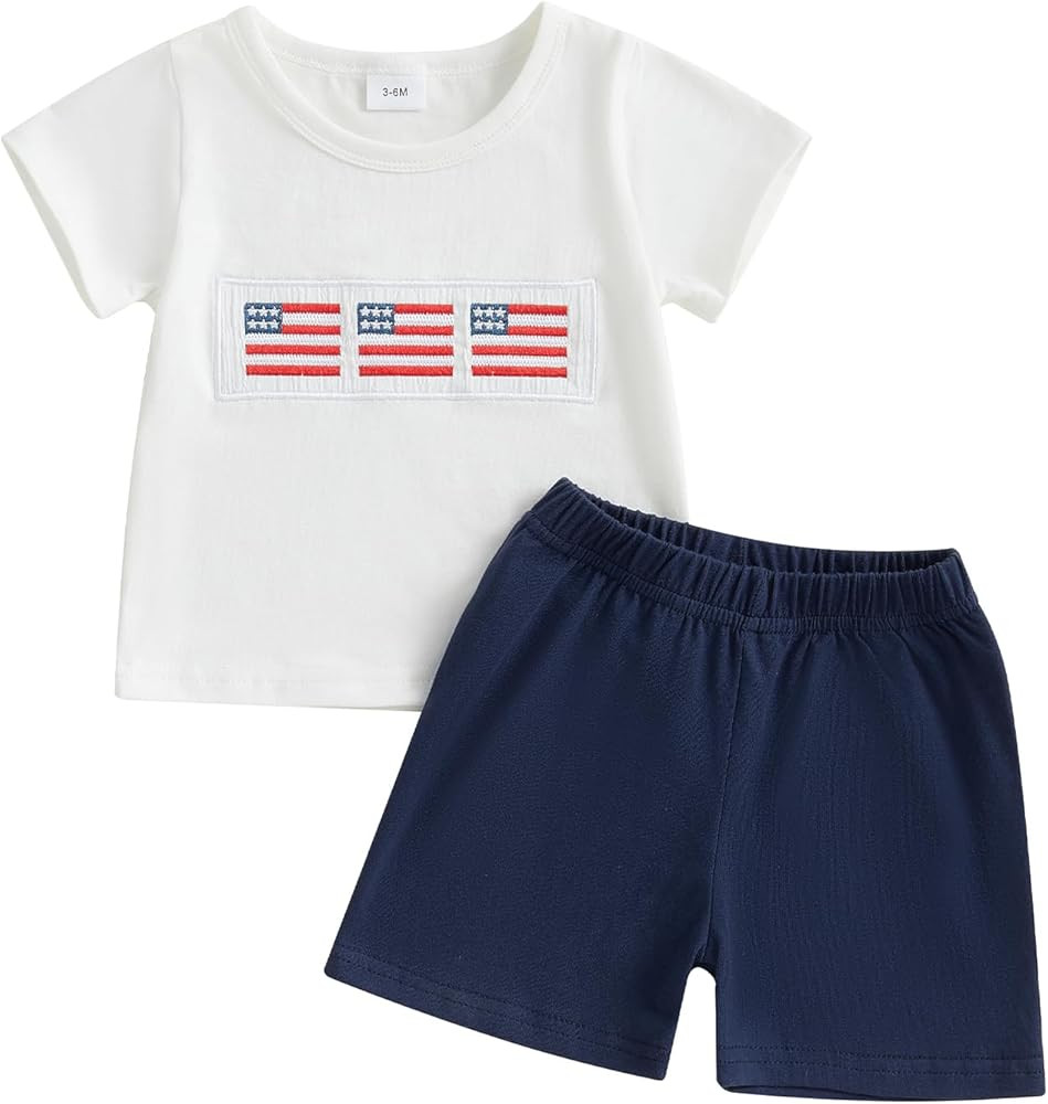 4th of July Baby Boy Outfit American Flag Embroidery Short Sleeve T-Shirt and Shorts Set Toddler ... | Amazon (US)