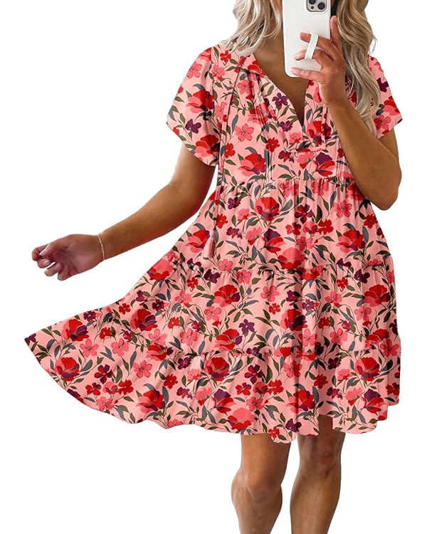 Dokotoo Womens Summer Casual Boho Floral Dresses V Neck Short Sleeve Sundresses Flowy Swing A-Lin... | Amazon (US)