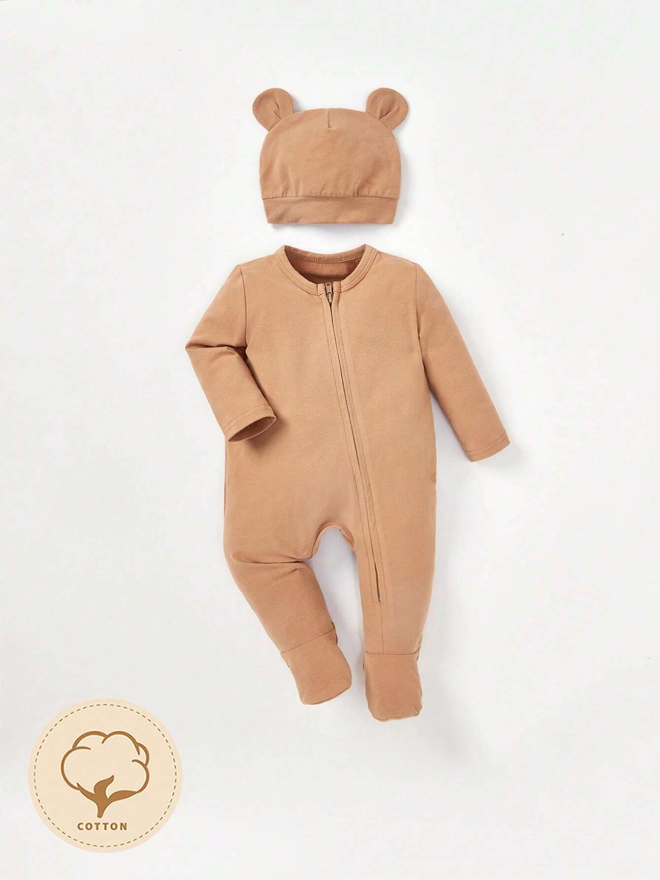 Cozy Cub Newborn Baby Boy Solid Zip Up Jumpsuit & 3D Ear Design Hat | SHEIN