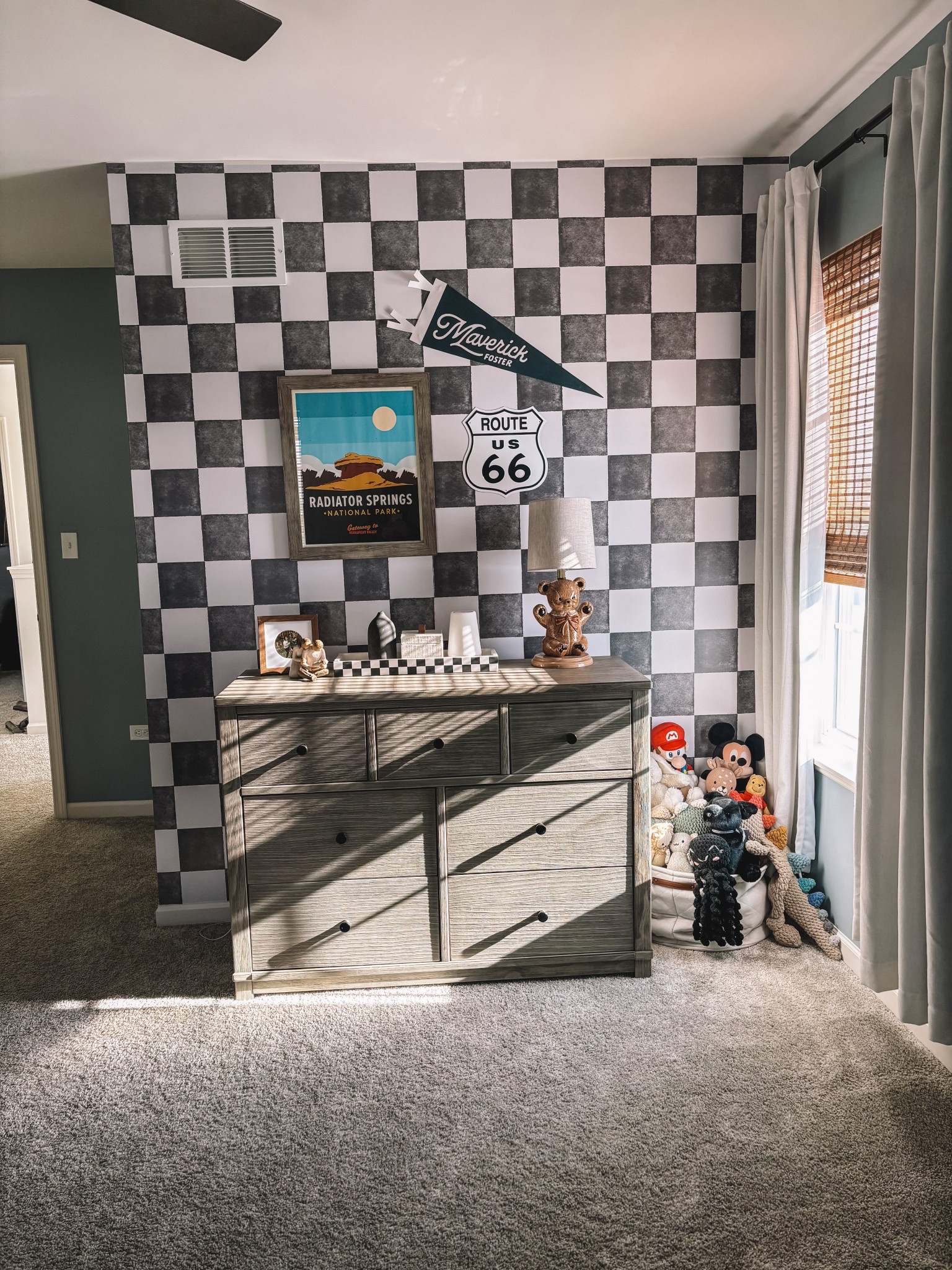 Checkered wallpaper. Toddler boy room. 