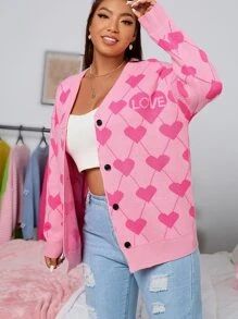 HomeWomen Plus ClothingPlus Size KnitwearPlus Size CardigansPlus Heart & Argyle Pattern Drop Shou... | SHEIN