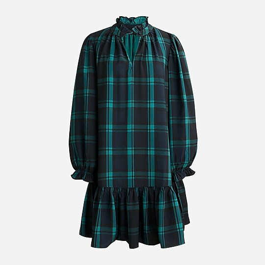 Ruffle puff-sleeve dress  in Black Watch tartan | J. Crew US