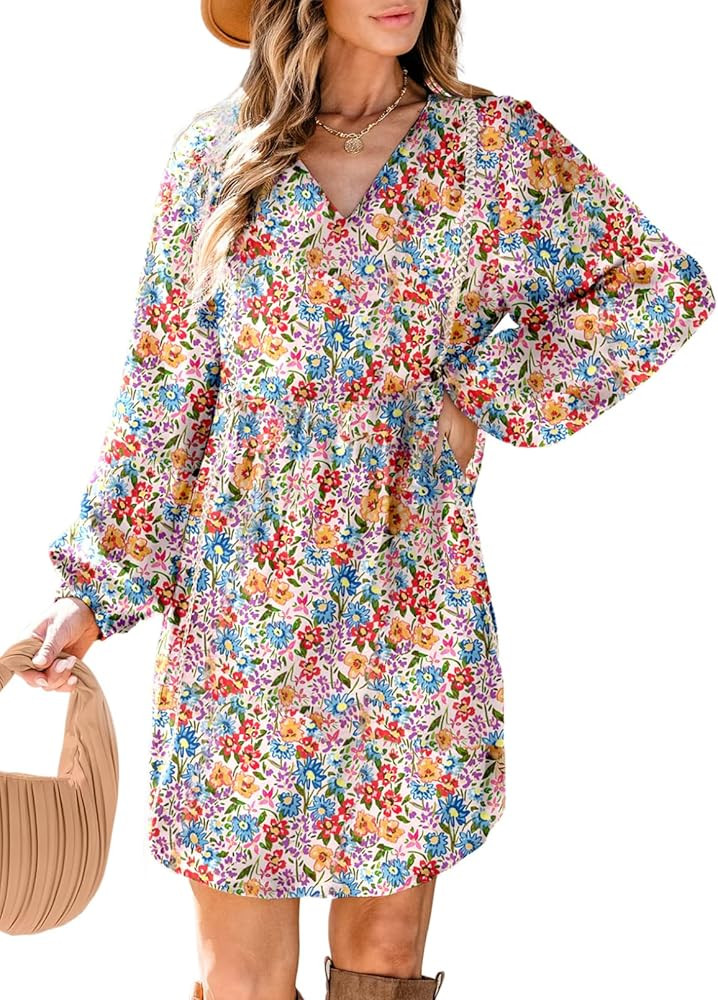 Dokotoo Women's V Neck Floral Embroidered Lace Trim Mini Dress Long Peasant Sleeves Flowy Dress F... | Amazon (US)