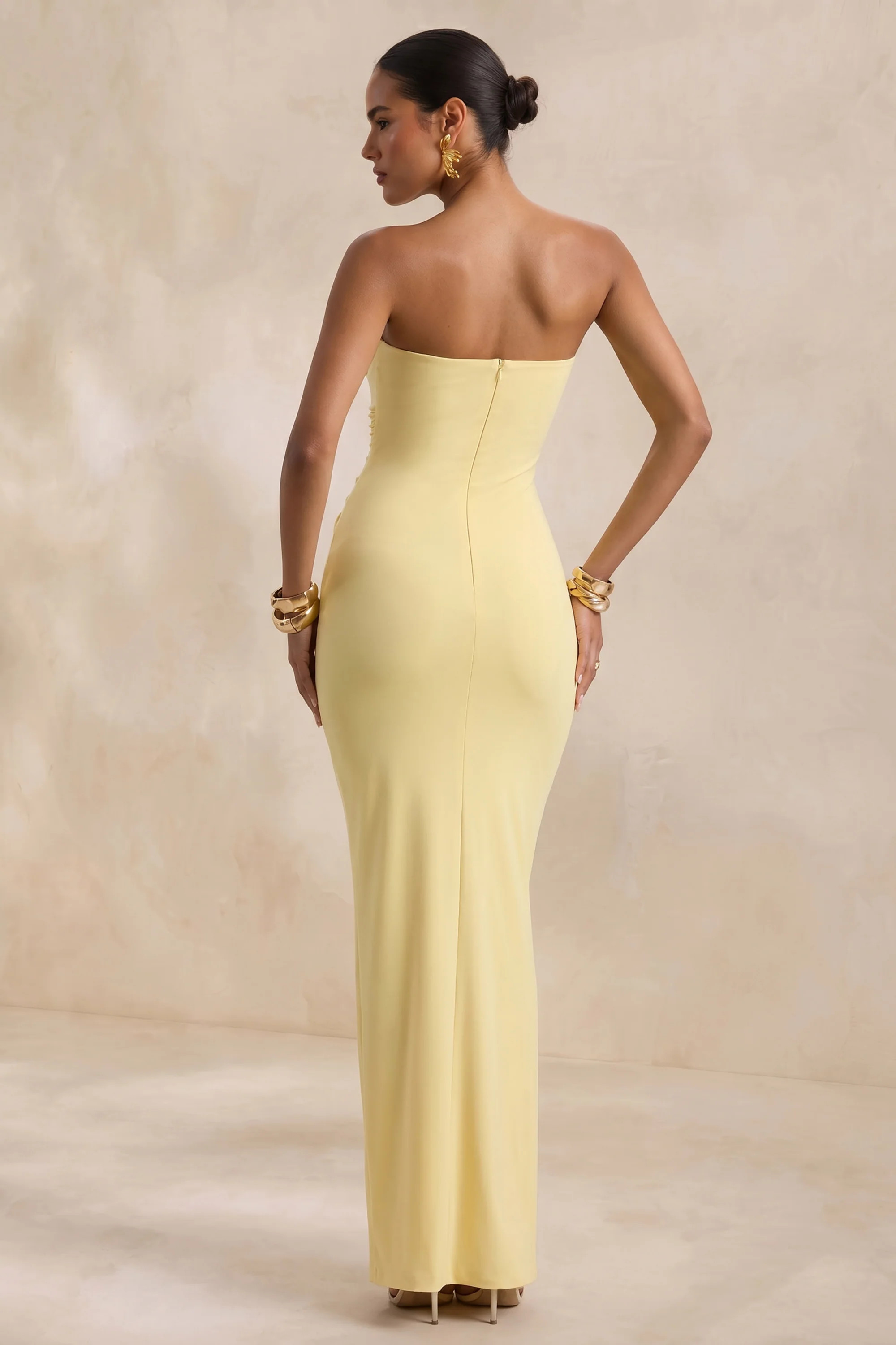 Ali | Lemon Sweetheart Ruched Wrap Maxi Dress | Club L London