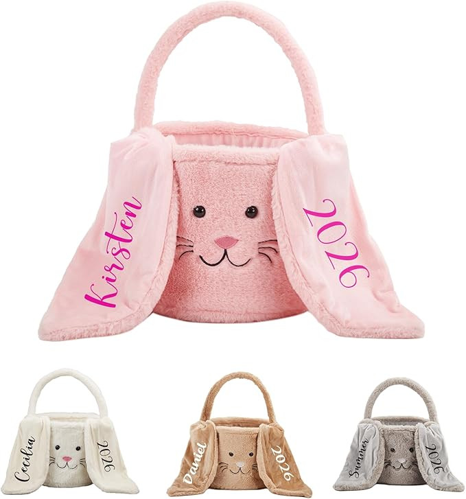 Personalized Plush Easter Basket with Custom Name ,Soft Bunny Ear Bucket  for Easter Egg Hunt... | Amazon (US)
