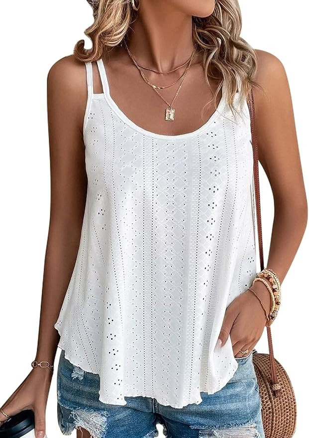 Womens Fashion Tank Tops Eyelet Embroidery Sleeveless Camisole Scoop Neck Loose Casual 2024 Summe... | Amazon (US)