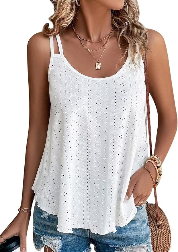 Womens Fashion Tank Tops Eyelet Embroidery Sleeveless Camisole Scoop Neck Loose Casual 2024 Summe... | Amazon (US)
